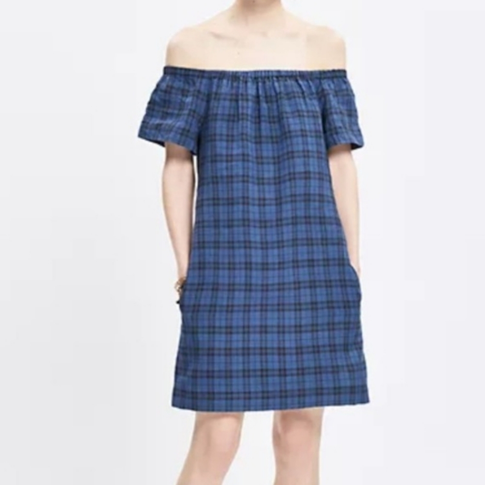 Madewell Blue Plaid Linen Off The Shoulder Mini POCKETS Cap Sleeves Spring sz 6